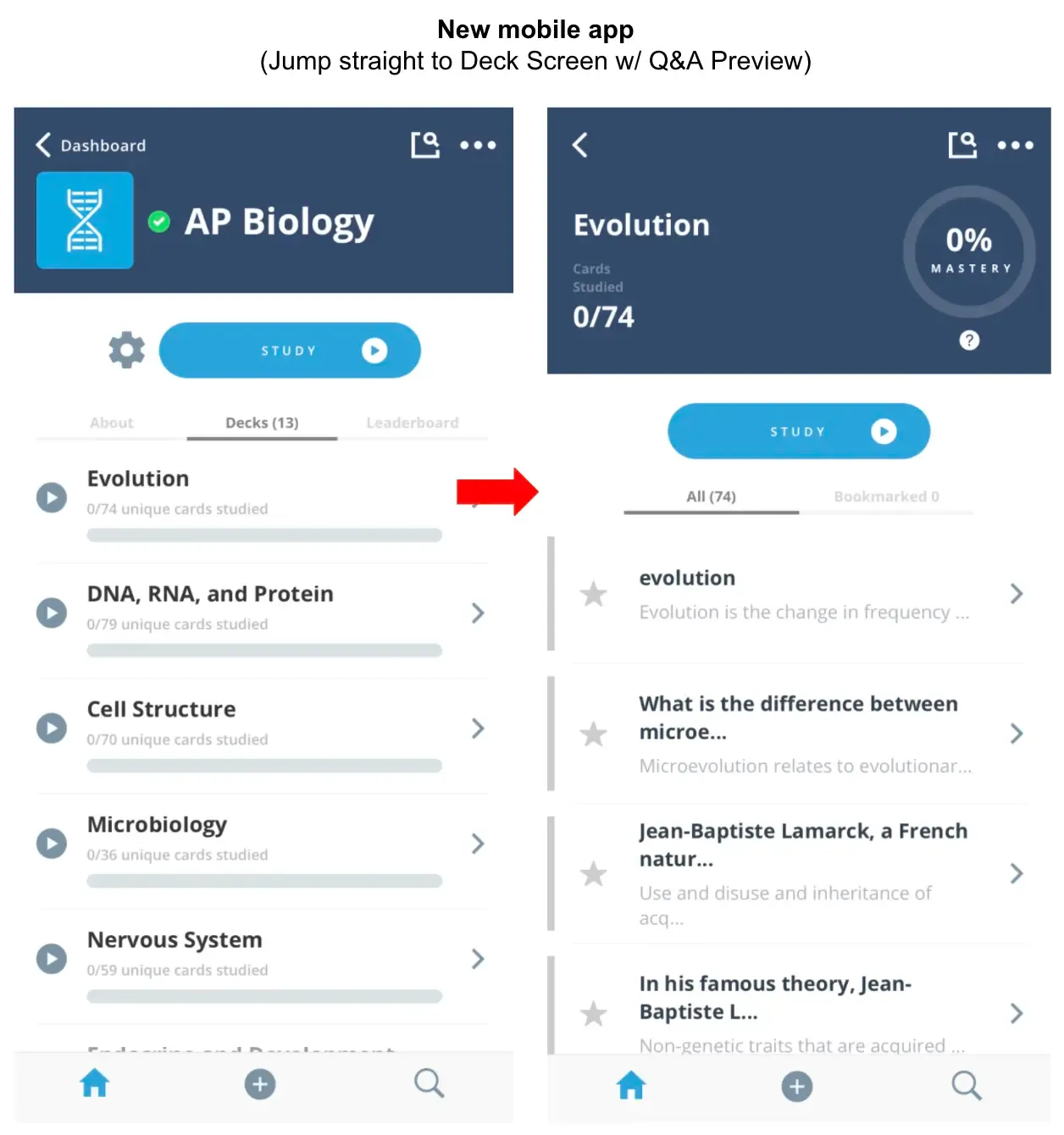 Brainscape mobile app showing AP Biology course with multiple study decks including Evolution, DNA/RNA, Cell Structure, and progress indicators