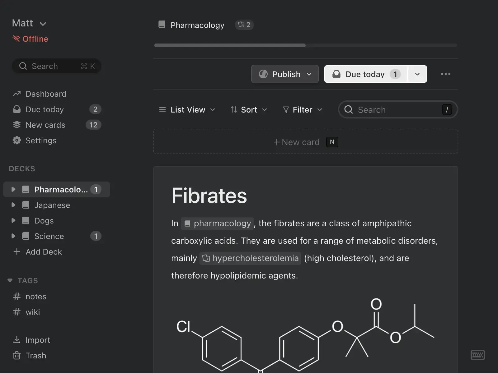 Mochi desktop application in dark mode displaying pharmacology notes about fibrates with chemical structure diagrams
