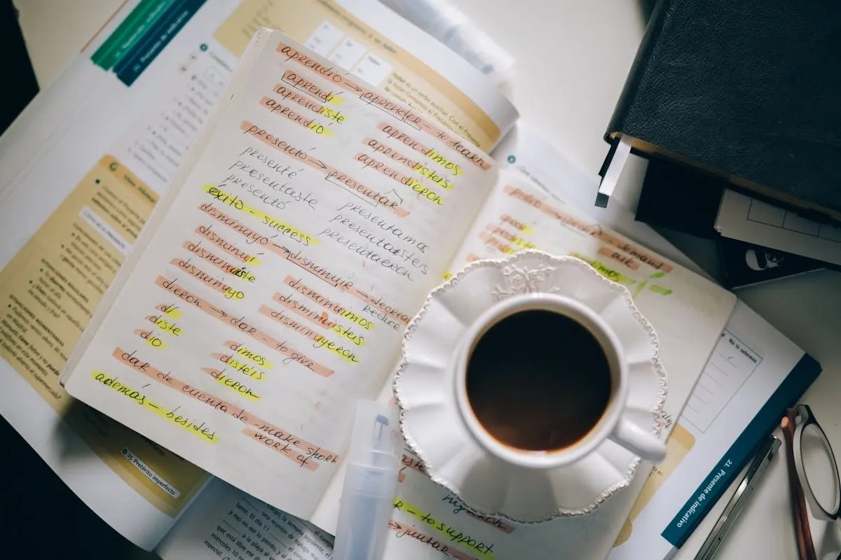 Student studying Spanish vocabulary with highlighted textbook, coffee cup, and language learning materials on desk