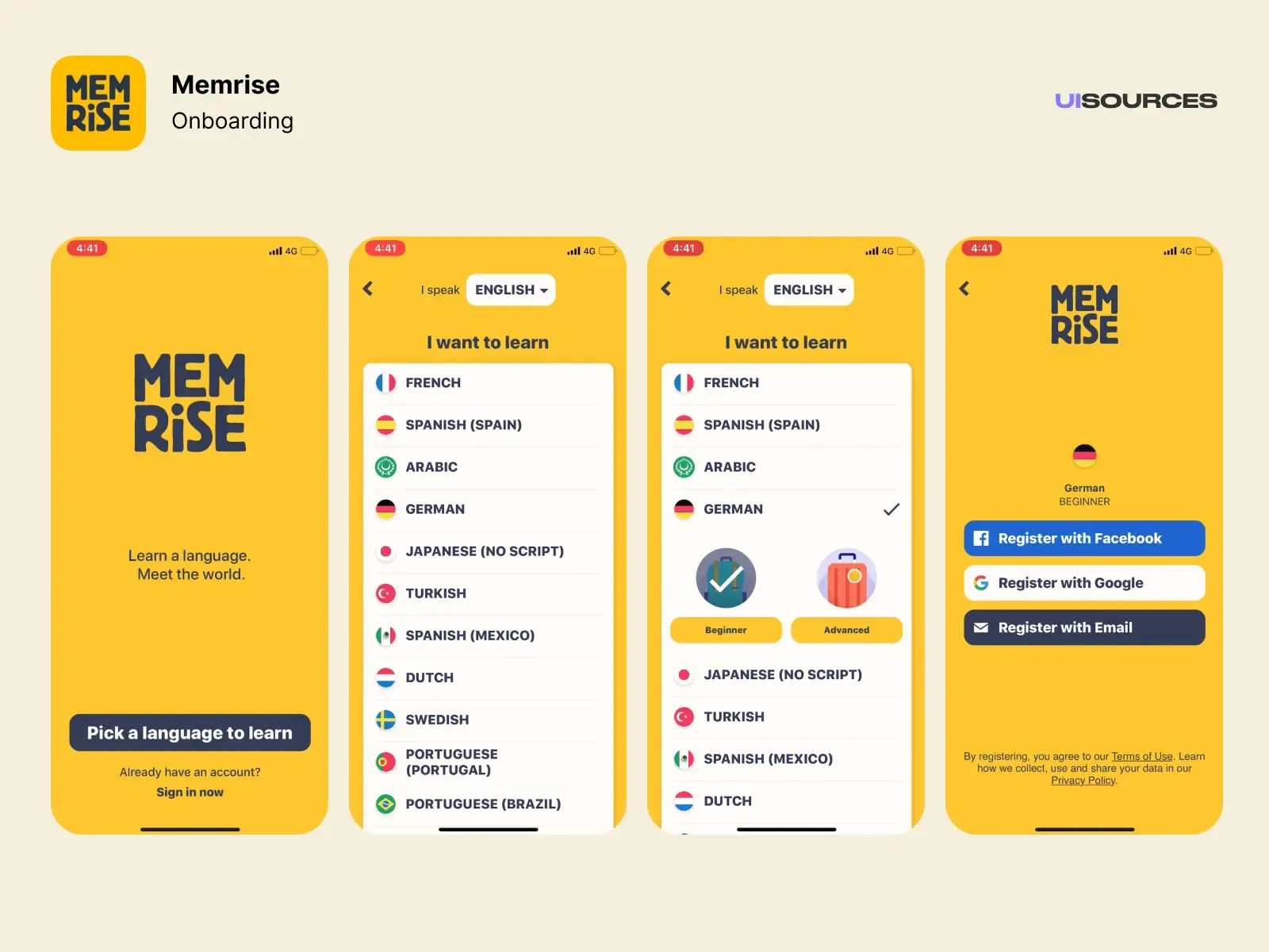 Memrise app onboarding screens showing language selection options and registration methods with yellow branding