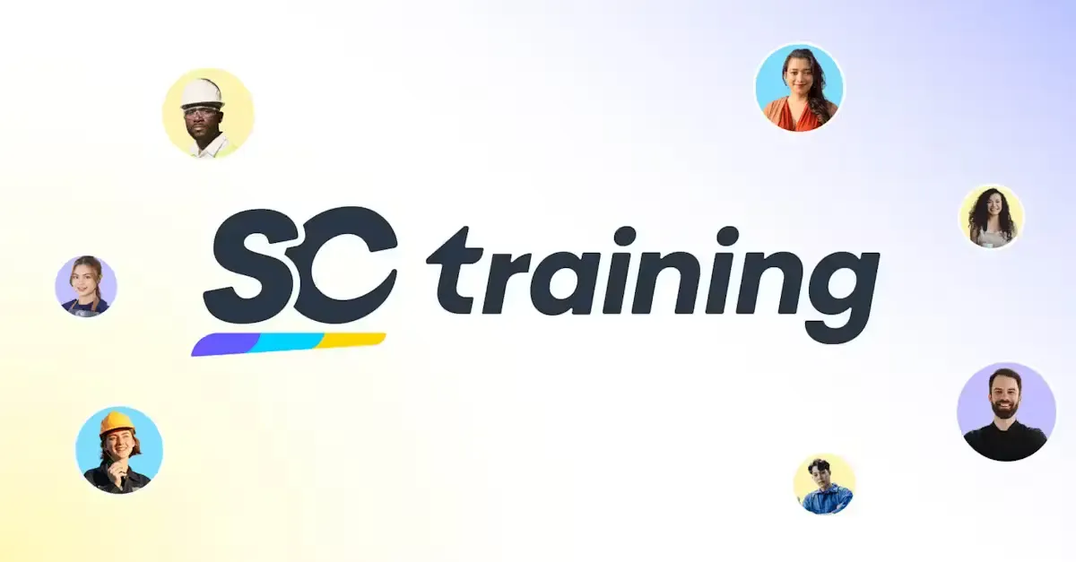 SC Training logo surrounded by circular profile photos of diverse professionals representing the platform's user base