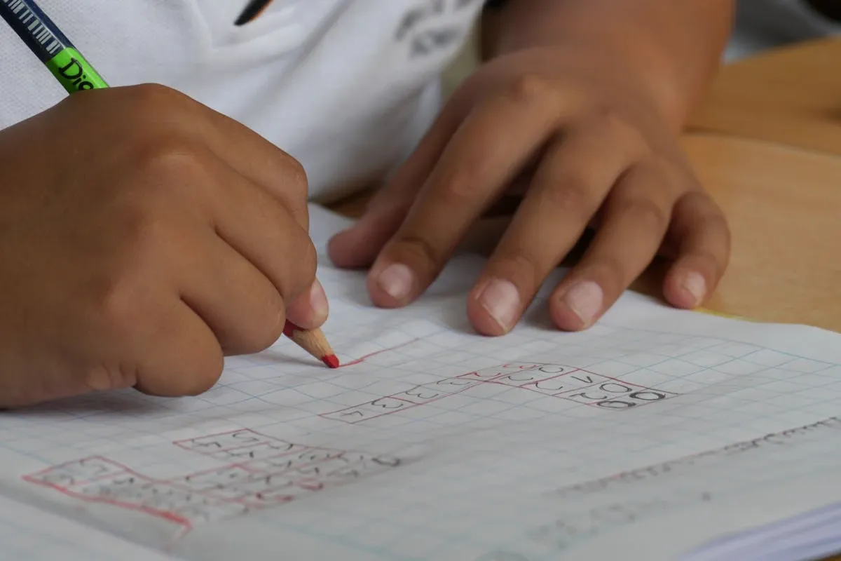 "Student hands writing mathematical equations on graph paper with pencil during math study session"