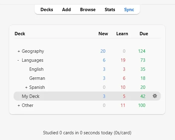 Anki desktop interface showing deck overview with multiple study categories including Geography, Languages (with English, German, Spanish subdecks), My Deck, and Other, displaying columns for New, Learn, and Due cards with their respective counts